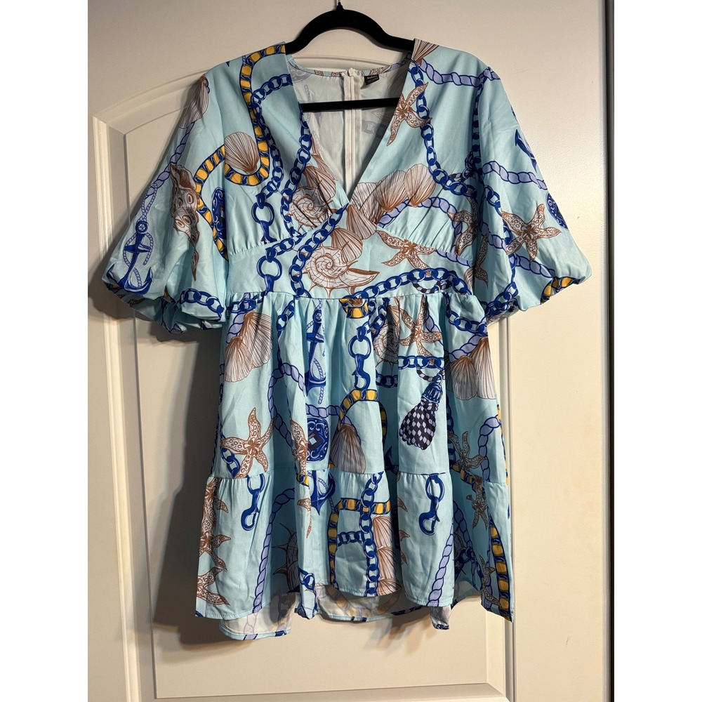 Aveloria Nautical Mini Dress M Blue Shell Anchor Puff Sleeve Beachy Anchor